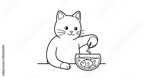 A cute cartoon cat feeding a small fish in a glass fishbowl with pellets, line art illustration.