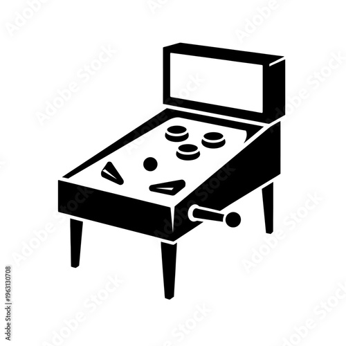Black and white illustration of a skee ball machine with a classic design and simple graphics on a white background