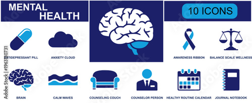 Mental health icon set. Containing antidepressant pill, anxiety cloud, brain, calm waves, counseling couch, counselor person, healthy routine calendar, journal notebook, and more.