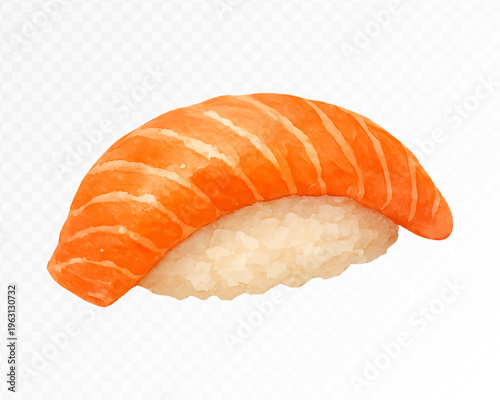 Elegant watercolor salmon nigiri with glossy fish and soft rice texture, refined Japanese cuisine clipart for sushi menus, restaurant branding, takeout packaging and modern food design. Vector