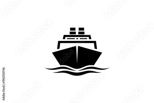 Black silhouette of a cargo ship or large freighter boat sailing on wavy waters, ideal for maritime and transportation concepts
