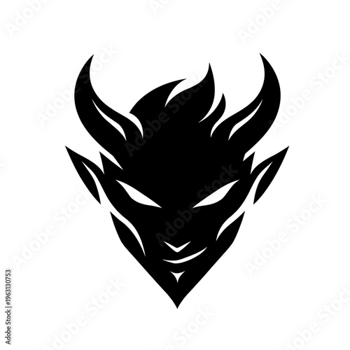 A black silhouette of a devil's head with horns and pointed ears on a white background