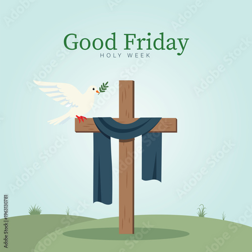 Holy Week Good Friday Illustration Featuring Wooden Cross, Draped Cloth, and White Dove of Peace