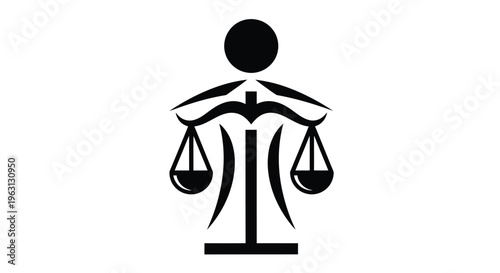 Vector graphic illustration of a human figure holding scales of justice in a balanced design