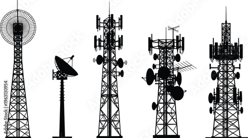 Telecommunication tower and satellite dish silhouettes isolated on light background, wireless network infrastructure collection for broadcasting, signal transmission, radar, and technology design