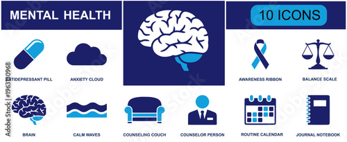 Mental health icon set. Containing antidepressant pill, anxiety cloud, ribbon, balance scale, brain, calm waves, counseling couch, counselor, notebook and more. Solid fill vector icons.