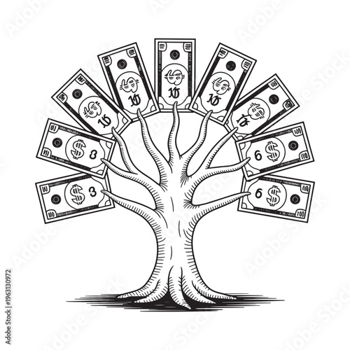 A symbolic tree with dollar bills as leaves representing financial growth