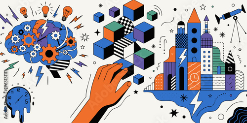 A vibrant and imaginative vector illustration of a hand building a cityscape with creative and innovative ideas.