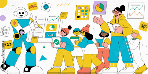 A colorful illustration of a robot and diverse group of people engaged in education and learning with various digital devices and graphs