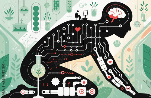 A futuristic illustration of a human with a circuit board body and a brain with a red X, surrounded by plants and technology