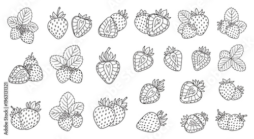 Strawberry fruit icons in various styles and orientations on plain surface