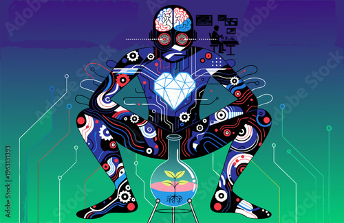 A futuristic illustration of a person with a robotic body and a heart made of circuits and wires, surrounded by a green and blue gradient background.