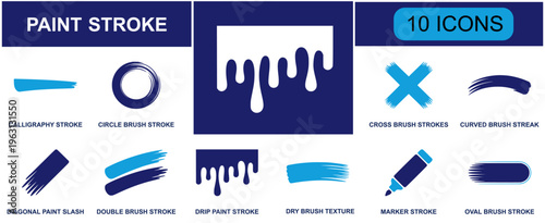 Paint stroke icon set. Containing calligraphy stroke, circle brush, cross brush, curved streak, diagonal slash, double brush, drip paint, marker stroke, oval stroke and more. Solid fill vector icons.