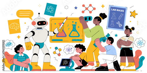 A colorful illustration of a robot and students engaged in a fun science experiment in a classroom setting with various educational elements.