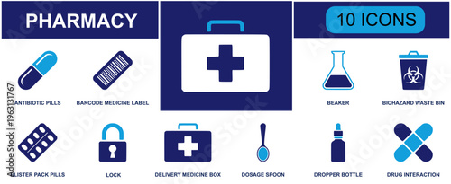 Pharmacy icon set. Containing antibiotic pill, medicine barcode, beaker, biohazard bin, blister pack, lock, medicine box, dosage spoon, dropper bottle and more. Solid fill vector icons.
