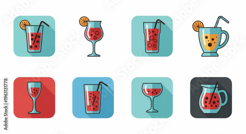 Variety of colorful cocktails with straws and garnishes on vibrant backgrounds perfect for drink menu design or beverage advertising