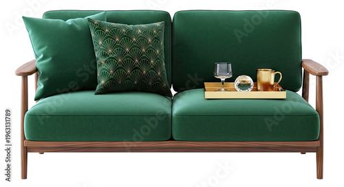 Green velvet sofa with art deco accents