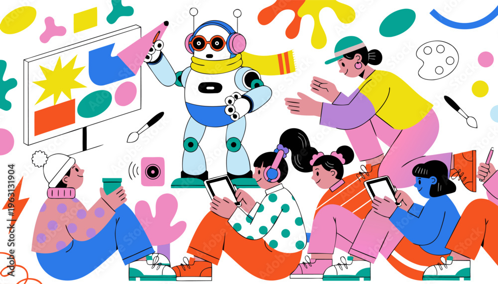 Fototapeta premium A colorful vector illustration of a robot and people collaborating on creative projects with various design tools and technology