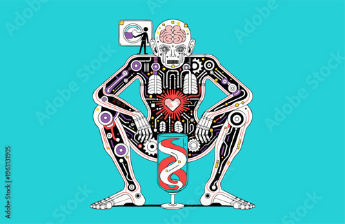 A futuristic robot with a heart and brain sits on a stool with a medical symbol in front of it.