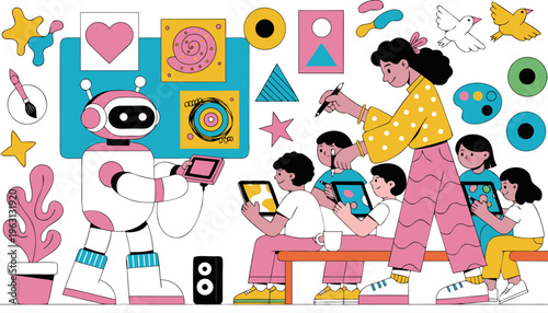 A colorful vector illustration of a robot and children using tablets in a classroom setting with a teacher.