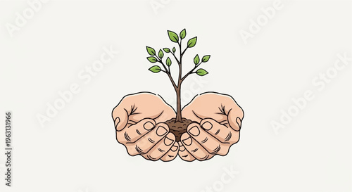 Hands cradling a small plant with green leaves symbolizing growth and nurturing on a neutral background