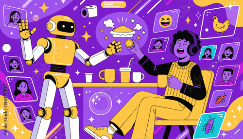 A vibrant illustration of a robot and a person interacting in a digital environment with various icons and graphics