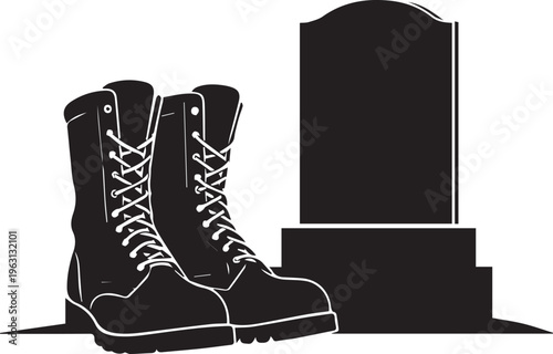 Military boots and grave stone vector silhouette illustration for memorial day tribute