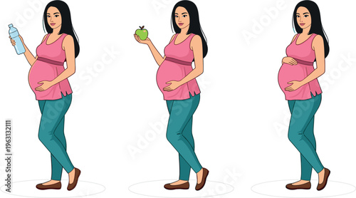 Pregnant Woman Silhouette Set Featuring Healthy Lifestyle Choices, Hydration, and Nutrition with Apple and Water Bottle