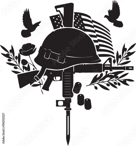 Military memorial vector silhouette illustration isolated, line art, on transparent background
