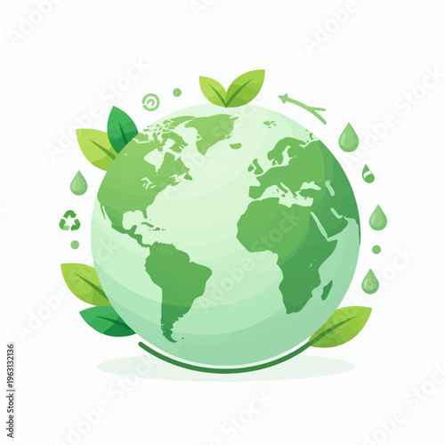 Soft shaded illustration of the globe, adorned with various green leaves, recycling icons, and dripping water droplets, all in a circular flow.