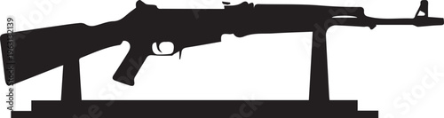 Military rifle on display stand silhouette vector illustration, weapon historical line art