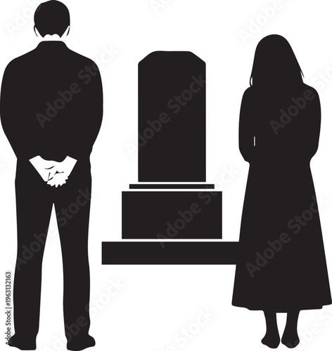 Mourners at grave silhouette vector illustration, man and woman at tombstone line art