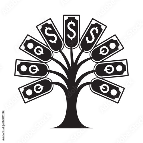 A stylized tree with dollar bills as leaves representing financial growth