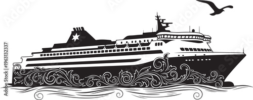 Black and white cruise ship with ornate and seagull