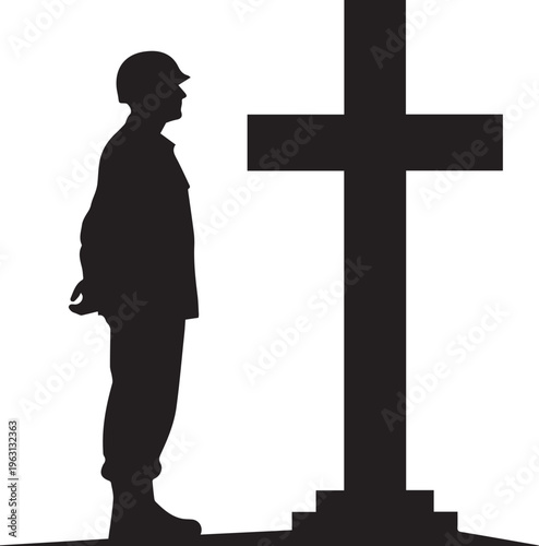 Soldier standing at cross memorial silhouette vector illustration, military respect line art