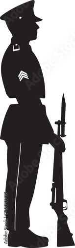Soldier standing with rifle silhouette vector illustration, honor guard concept.