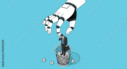 Robot hand dropping businessman into trash can