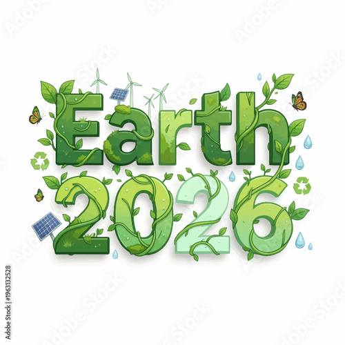 Earth day 2026 eco-friendly green environmental concept design for greeting cards posters banners and social media, decorated with vines leaves butterflies solar panels wind turbines and water drops.