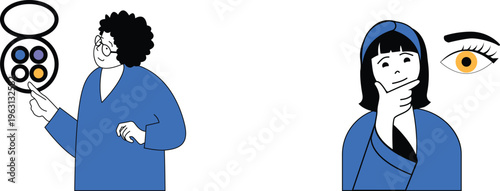 Optometrist examining a patient’s eyesight and a thoughtful woman pondering vision care options together