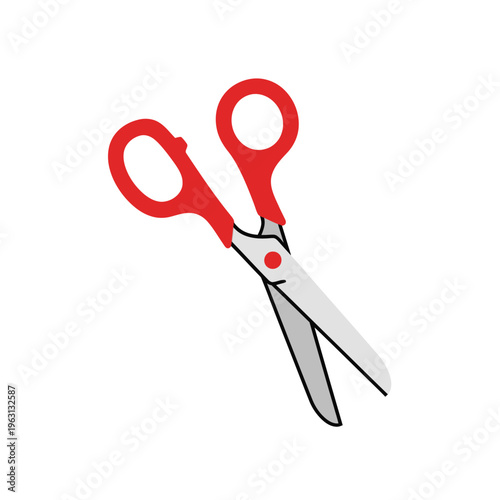 Red handled metal cutting scissors.