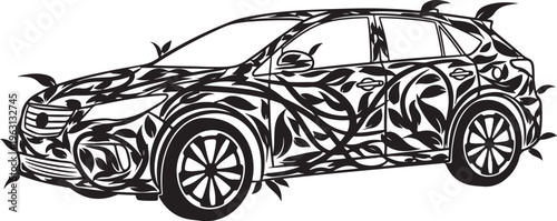 Black and white of a car covered in leaves vehicle
