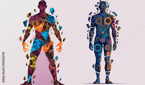 A vibrant vector graphic illustration of two human silhouettes with colorful geometric patterns and shapes emerging from their bodies