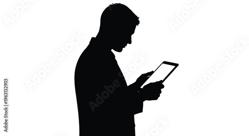 Silhouette of a man using a tablet computer in a simple vector graphic illustration design