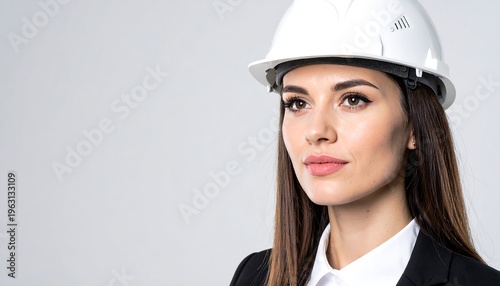 Professional Woman Engineer Wearing Hard Hat and Suit.