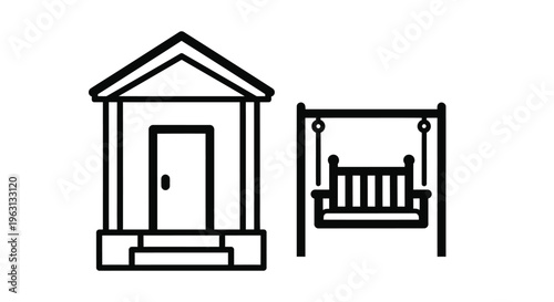 Simple line drawing of a house with a porch swing