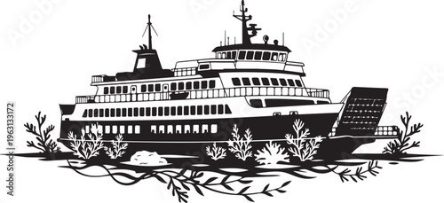 Black and white of a large ship with multiple decks and a tall structure on surrounded by