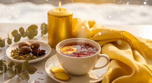 Comforting winter scene beautifully depicts a steaming cup of herbal tea with lemon and saffron, a glowing golden candle, aromatic spices, and fresh ginger slices, all artfully arranged near a snowy.