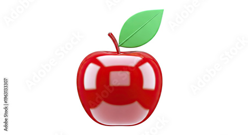 Shiny Red Apple with Green Leaf