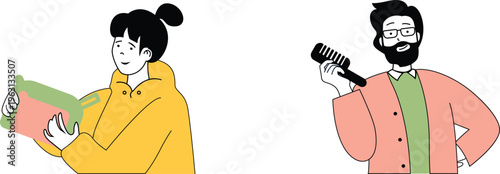 A woman with a notebook looks attentively while a bearded man speaks into a microphone nearby