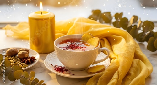 Herbal tea infused with ginger and saffron, served in a delicate teacup, is beautifully arranged with a flickering candle and a soft yellow scarf by a sunlit window.